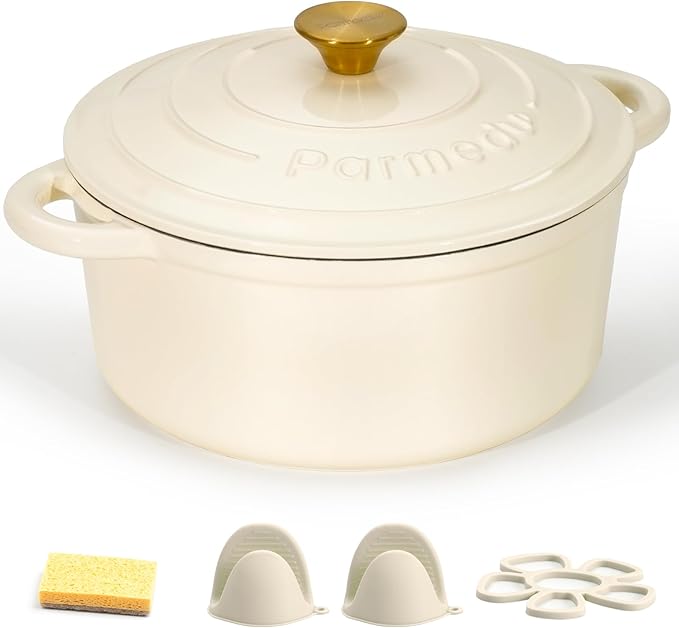 Parmedu Enameled Cast Iron Dutch Oven-5.5 Quart Pot with Lid, Dual Handle,Heavy Duty Cookware for Braising, Stews, Roasting, Bread Baking,Cream white