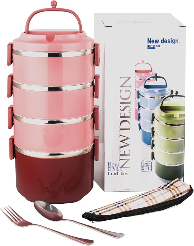 SANQIAHOME 4 Tier Stackable Stainless Steel Lunch Box Sealed(pink, 4 layers) with spoon and fork