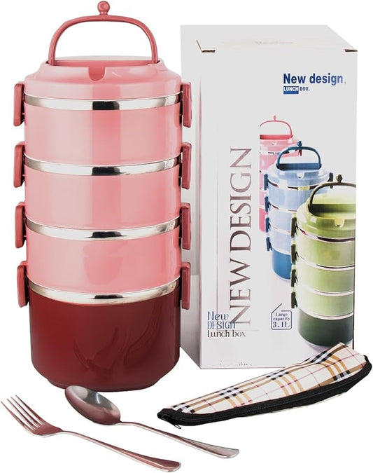 SANQIAHOME 4 Tier Stackable Stainless Steel Lunch Box Sealed(pink, 4 layers) with spoon and fork