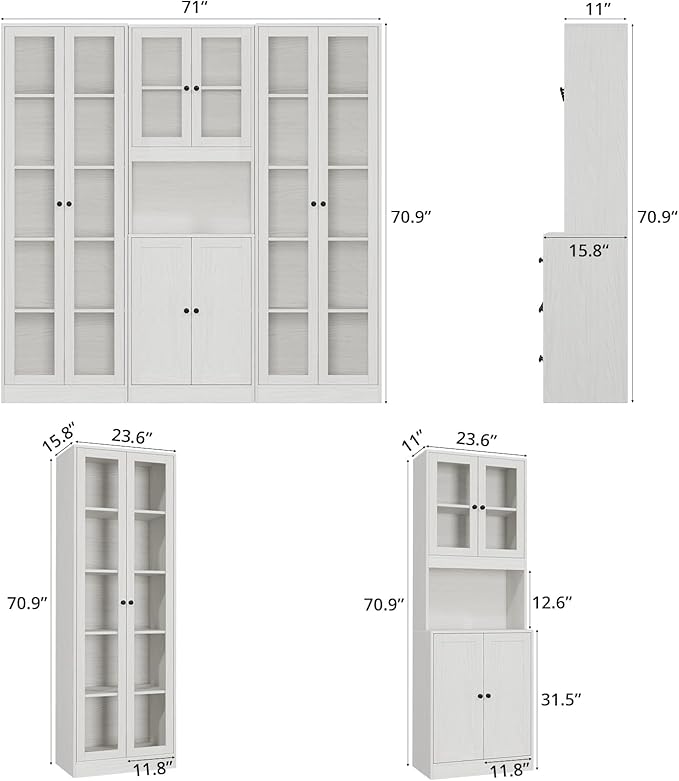 VOWNER 3PCS Bookshelf and Bookcase, 5-Tier Modern Bookshelves with 3 Large Drawer, Glass Display Cabinet with Lager Storage Shelf, Combination Storage Shelves for Home Office, White (CAC)