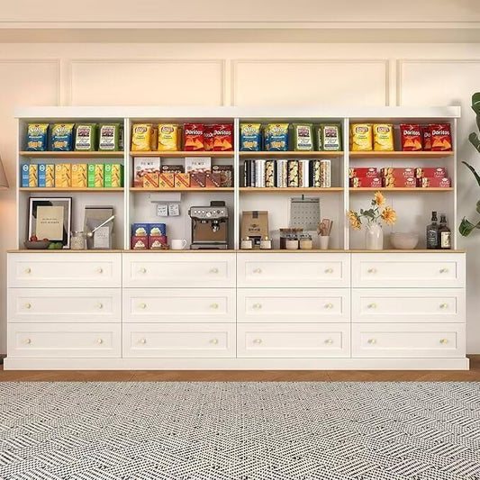 Vyre 71" Farmhouse Kitchen Pantry Cabinet Set of 4, White Freestanding Coffee Bar Hutch with Drawers & Adjustable Shelves, Large Storage Cabinet with Microwave Stand for Living Room & Kitchen