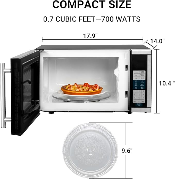 Smad 0.7 Cu.Ft Small Microwave Small Space, Mini Microwave with 6 Auto Menus and Child Lock, 700W Countertop Oven for Apartments, Dorm and Kitchen, Stainless Steel