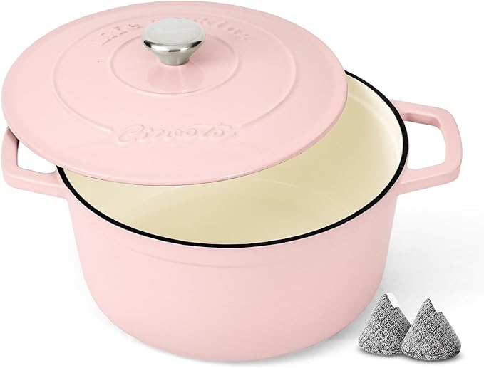 Enameled Cast Iron Dutch Oven ??4.4 Quart Pot with Lid & Potholders ??Heavy-Duty Cookware for Bread Baking, Braising, Stews & Roasting ??Oven & Stovetop Safe up to 500째F ??Pink
