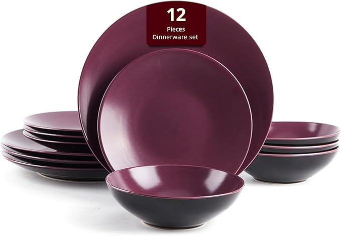 Stoneware Two-Tone Colors Life 12pc Dinner Set竊?Outside Shiny Black + Inside Matte glaze Plum