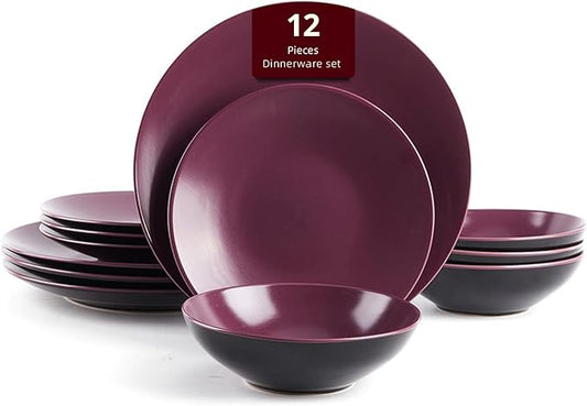Stoneware Two-Tone Colors Life 12pc Dinner Set竊?Outside Shiny Black + Inside Matte glaze Plum