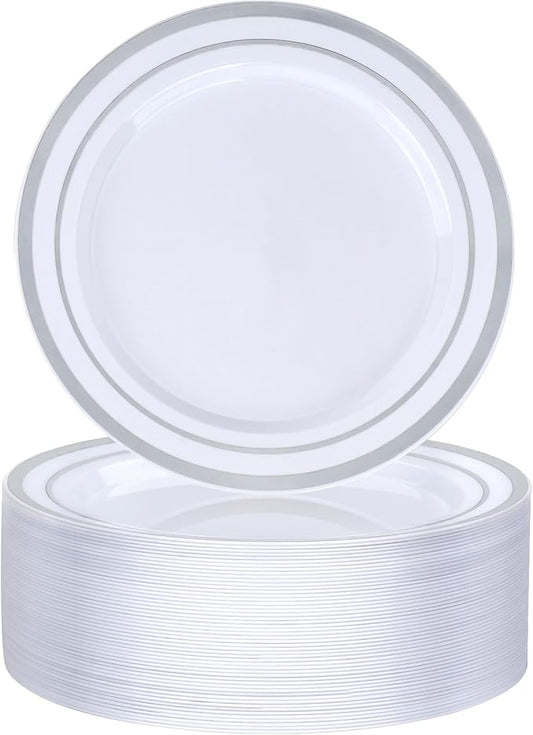 BESTVIP 50PCS 7 Inch Silver Plastic Plates, Disposable Salad Dessert Plate with Silver Rim for Christmas, Thanksgiving, Heavy Duty Disposable Plastic Plates for Parties, Wedding and Birthday, Events