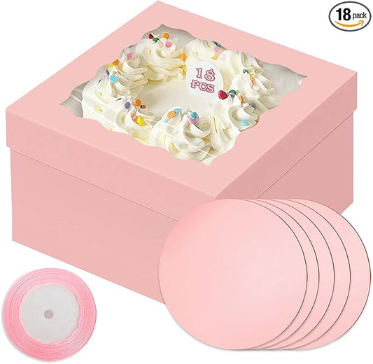 qiqee Pink 10x10x8 Cake Box, 18 Sets Cake Box with Window 竊?18 Sets 10" Cake Round Boards, 10inch Cake Containers, 10 Meters Pink Silk Ribbon Includes