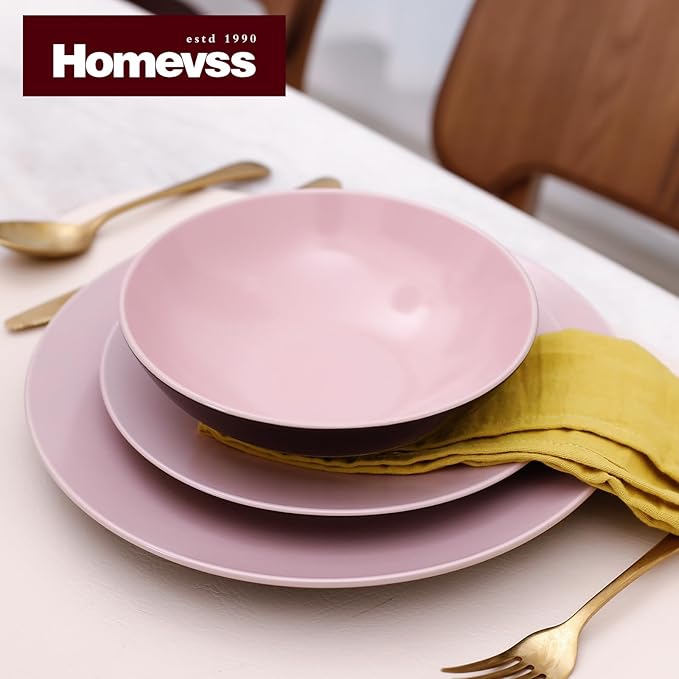 Stoneware Two-Tone Colors Life 16pc Dinner Set竊똎utside Shiny Black + Inside Matte Glaze Rose