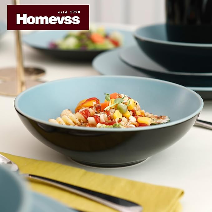 Stoneware Two-Tone Colors Life 12pc Dinner Set, Outside Shiny Black + Inside Matte Glaze Turquoise