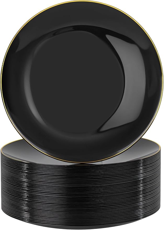Nervure 100PCS Black and Gold Plastic Plates - 10.25 inch Black Disposable Plates - Gold Rim Dinner Plate - Black Dinner Plate Ideal for Wedding & Party & New Year