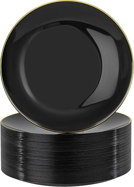 Nervure 100PCS Black and Gold Plastic Plates - 10.25 inch Black Disposable Plates - Gold Rim Dinner Plate - Black Dinner Plate Ideal for Wedding & Party & New Year