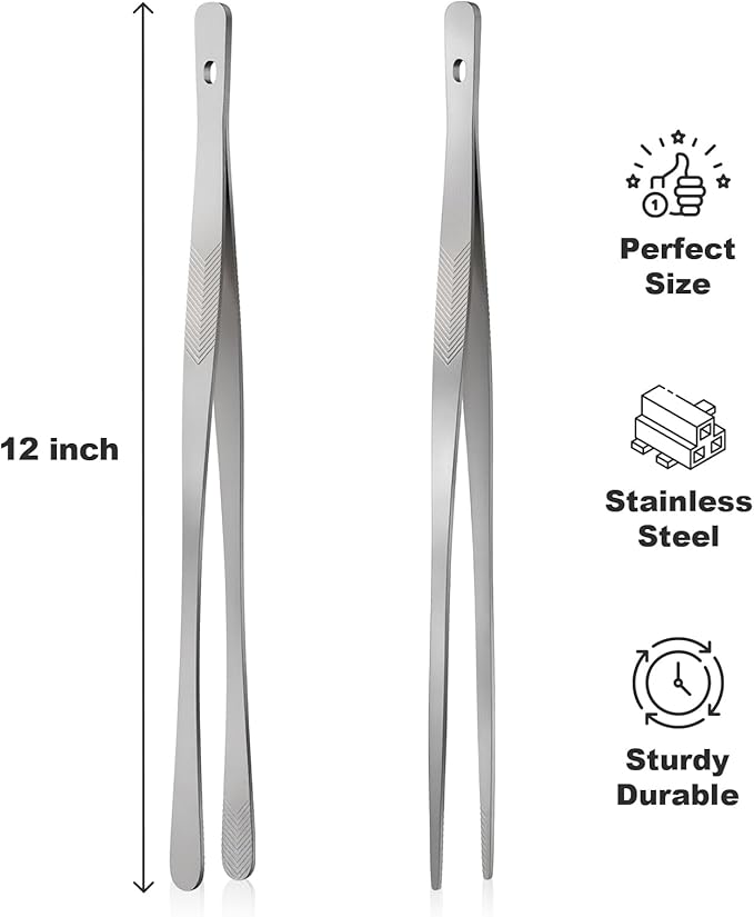 Vaincre 4PCS Kitchen Tongs Tweezers for Cooking, 12" Metal Kitchen Utensils, Stainless Steel Fine Cooking Tweezers Tongs with Precision Serrated Tips for Chef, Culinary, Serving Food, Pasta