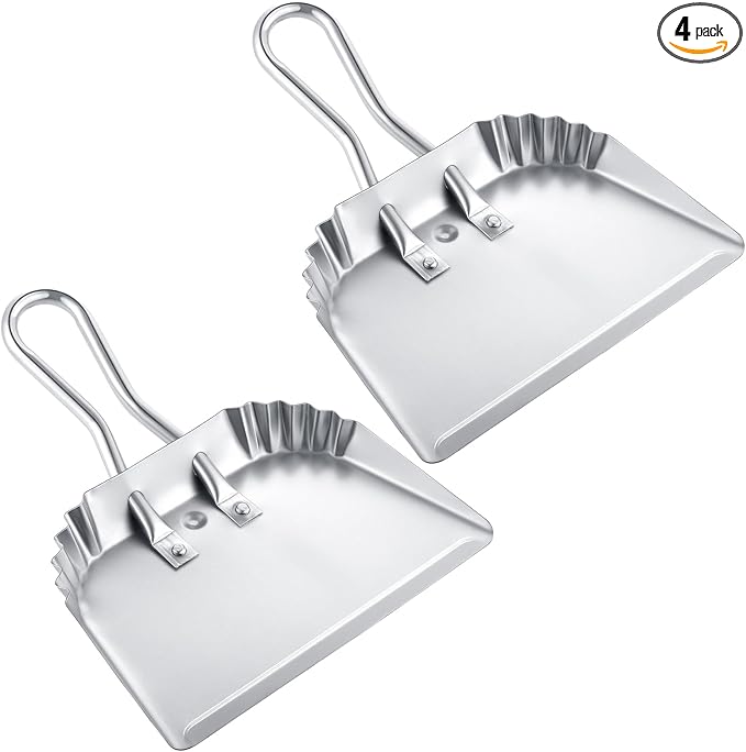 Mumufy 4 Pack 12 inch Heavy Duty Metal Dustpan Large Wide Dust Pans for Household Handheld Wide Scooper and Debris Cleaning Tool Ideal for Home and Commercial Use (Silver)