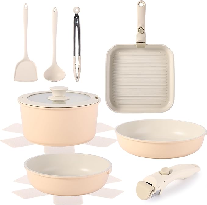 12 PCS Kitchen Cookware Set with Detachable Handle, Pots and Pans Sets Non Stick, Induction Pan Set for RV Cookware,Oven Safe, PFOA Free(Hazelnut)