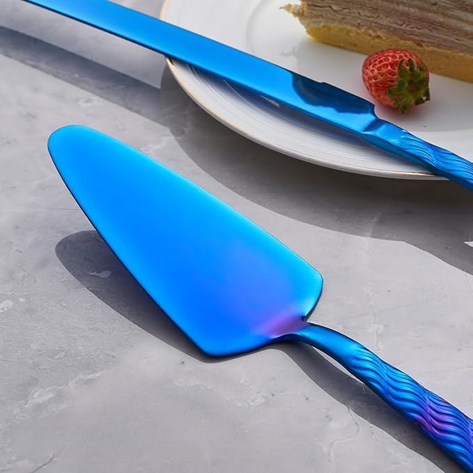 Blue Wedding Cake Knife and Server Set, Stainless Steel Cake Cutting Set, Cake Cutter and Pie Server for Wedding, Birthday, Party