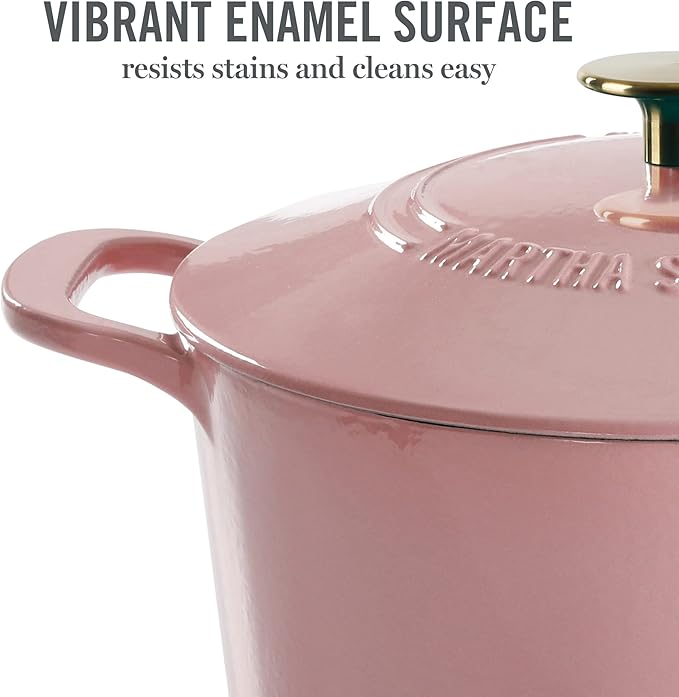MARTHA STEWART Gatwick 7-Quart Enamel Cast Iron Dutch Oven Pot with Lid ??Pink ??Heavy-Duty Dutch Oven for Slow Cooking, Braising & Baking
