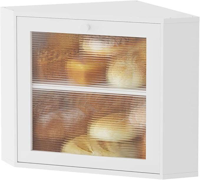 Corner Bread Box for Kitchen Countertop - Bamboo Wood, Wavy Acrylic Door, White Adjustable 2-Layer Bread Storage Container, Large Bread Holder