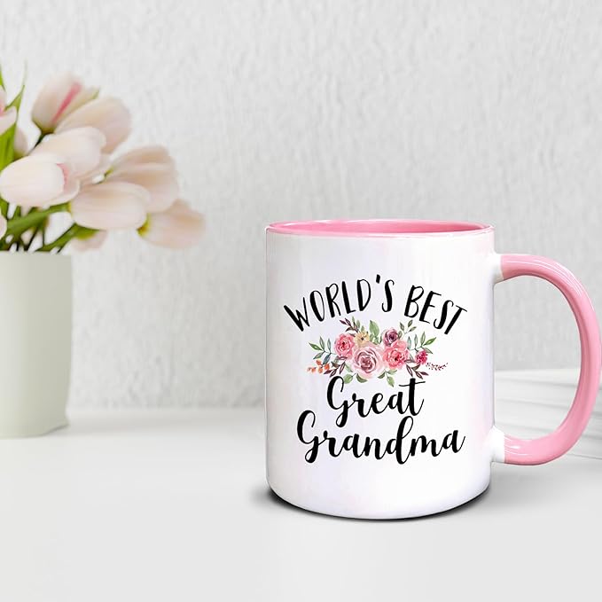 QASHWEY World's Best Great Grandma Floral Coffee Mug, Great Grandma Mother's Day Birthday Gifts from Great Grandkids, Best Great Grandmother Gifts Double Side Printed Ceramic Mug Cup 11 Ounce(Pink)