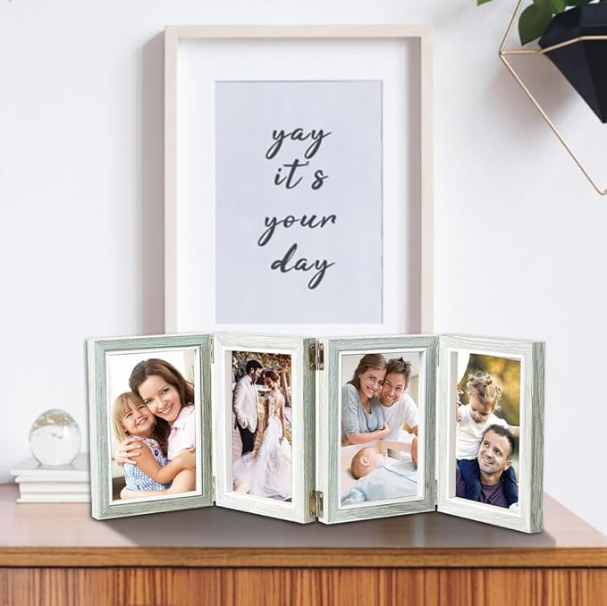 POILKMNI 4 Folding 5x7 Inch Hinged Picture Frame High Definition Natural Wood Picture Frame Rustic Desktop Acrylic Frame Family Photo Collage for Birthday Father's Day Christmas Family Lover Gift