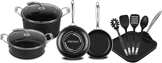 Vasconia 11-Piece Aluminum Cookware Set - Nonstick Pots and Pans with Lids - Dishwasher, Oven Safe up to 475째F - Skillets, Griddle, Casserole, Dutch Oven - Black