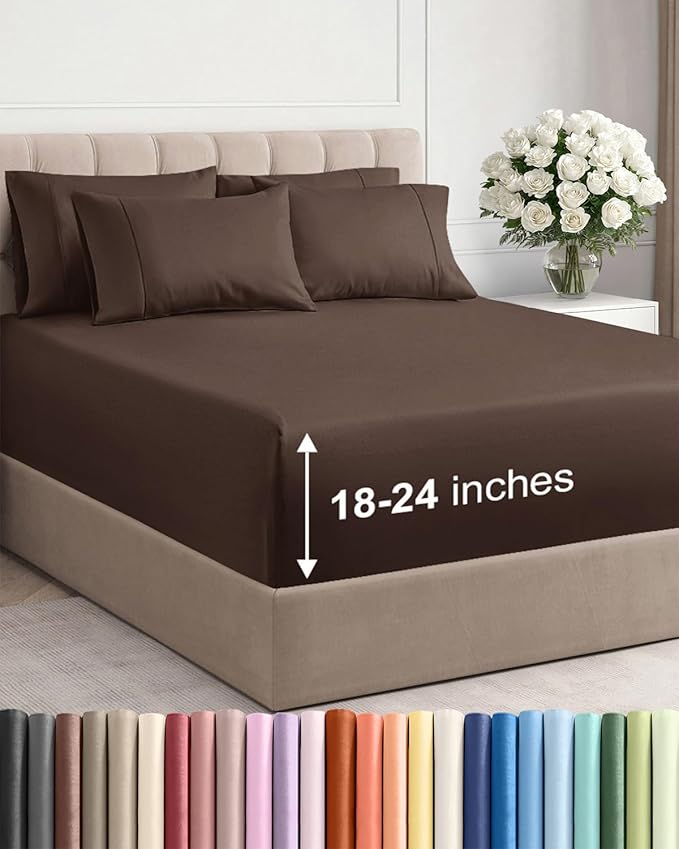 Extra Deep Cal King Sheet Set - 6 Piece Breathable & Cooling Sheets - Hotel Luxury Bed Sheets Set - Easy & Secure Fit - Soft, Wrinkle Free & Comfy Sheets Set - Brown Sheet Set with Extra Deep Pockets