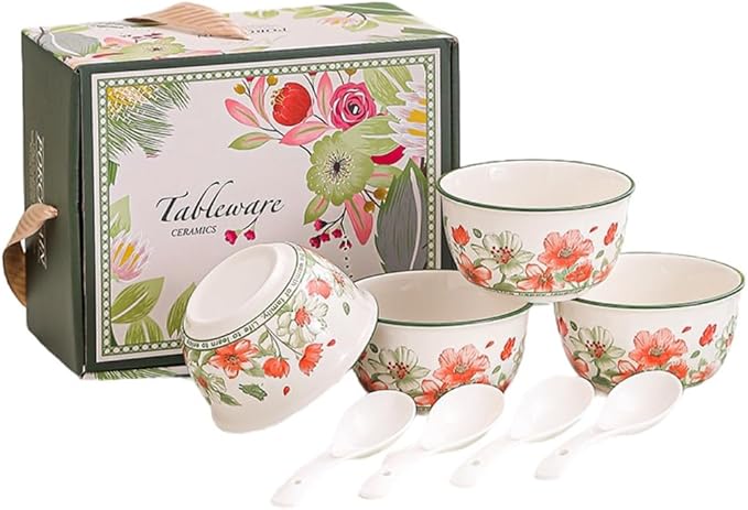 Premium Ceramic Dinnerware Set ??Floral Bowls & Plates Set, Elegant Hand-Painted Design, Microwave Safe, Ideal for Wedding/Housewarming/Corporate Gifts (Blossoms, 4*bowls+spoons)