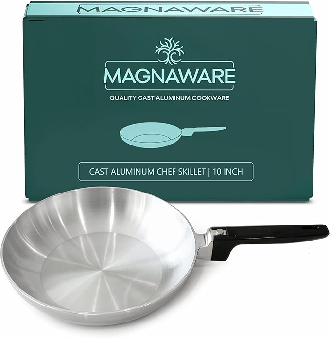 Chef Skillet ??Quick & Even Heat Distribution ??Lightweight Cast Aluminum Frying Pan ??No Seasoning Required ??PFOA & PTFE Free ??Oven Safe Up to 350째F ??Classic Vintage Design (10 Inch)