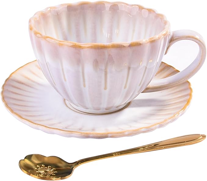 Ceramic Floral Coffee Mug with Saucer Set with Spoon- Vintage Glazed Tea Cup and Coaster for Cafe/Home/Office,White, Petal-Shape Design