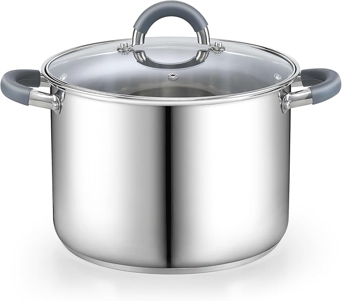 Cook N Home Stock Pot with Lid, 12-Quart Basic Stainless Steel Sauce Cooking Soup Pot, Stay-Cool Silicone Handles