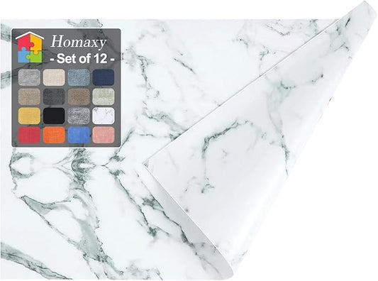 Homaxy Faux Leather Heat Resistant Placemats for Dining Table Set of 12, Waterproof Wipeable Washable PU Table Mats, Easy to Clean Anti-Slip Place Mats, 11.8" x 17", Marble
