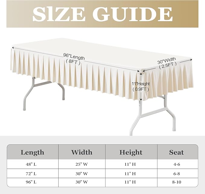 Wish Care Ivory Spandex Table Clothes for 8 Foot Rectangle Tables Wrinkle Free Ruffle Tablecloths Pleated Desk Skirt 8ft Stretch Fitted Table Covers for Wedding Birthday Baby Shower Party Banquet