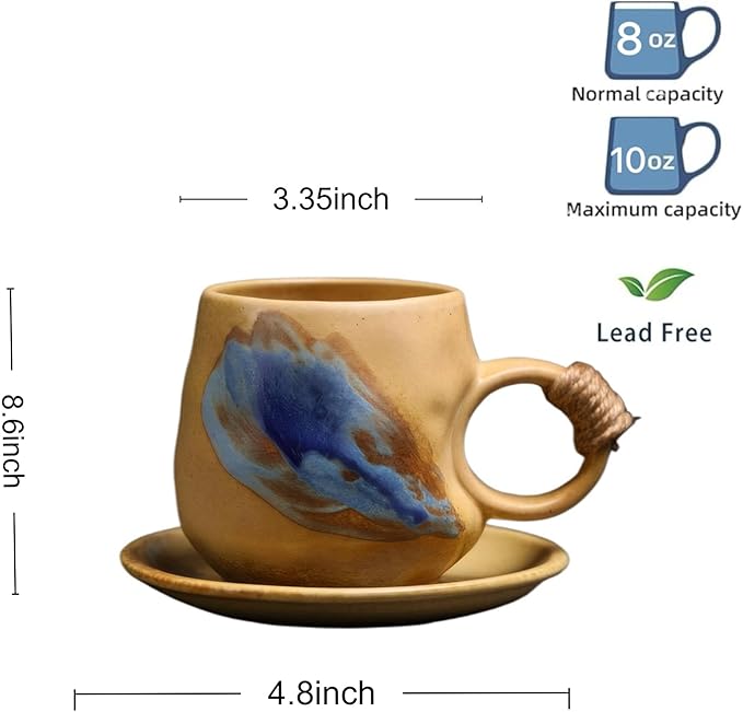 Small 8oz Unique Vintage Retro Japanese Handmade Ceramic Cappuccino Barista Cup with Saucer, Coffee Cup and Saucer, Artisanal Stoneware Coffee Mug, Lead-Free Latte Art Mug (1, Light brown)