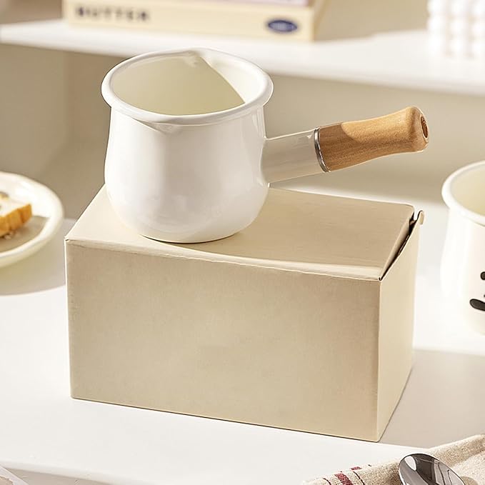 Enamel Milk Pot, Small Saucepan Milk Pot Butter Warmer 4 Inch 17 Oz Enamel Small Sauce Pan with Wooden Handle, Perfect Size for Heating Smaller Liquid Portions. (White）