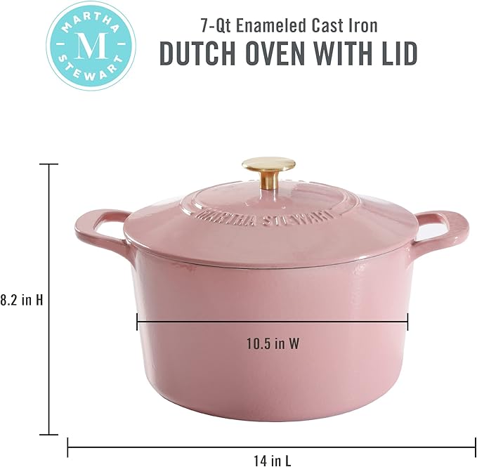 MARTHA STEWART Gatwick 7-Quart Enamel Cast Iron Dutch Oven Pot with Lid ??Pink ??Heavy-Duty Dutch Oven for Slow Cooking, Braising & Baking