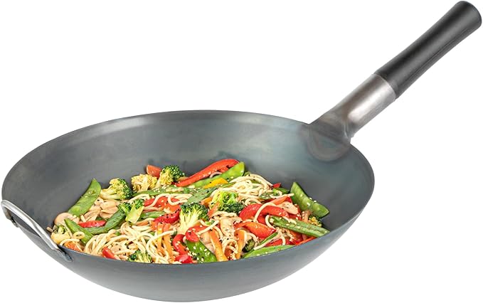 Motomori 14 Inch Pre-Seasoned Carbon Steel Wok, 10 Traditional Japanese Woks - Round Bottom, Wooden Handle, Black Carbon Steel Traditional Stir Fry Pans, With Helper Handle - Restaurantware