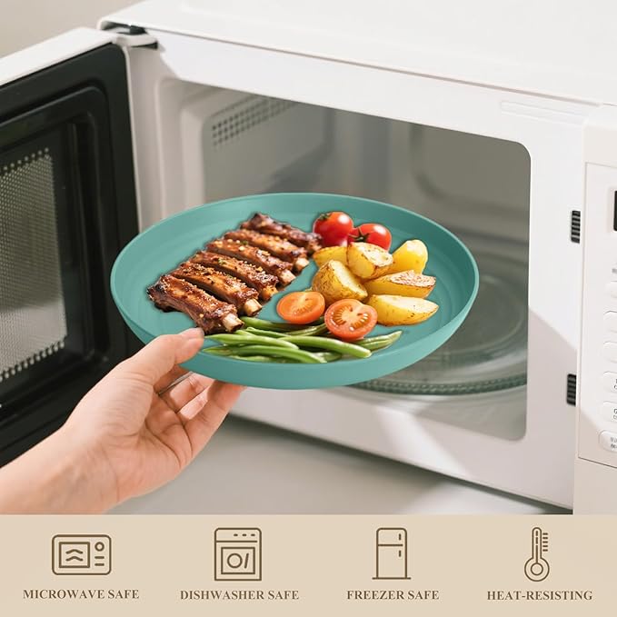 Wheat Straw Plate 9 Inch, Deep Dinner Plates Set of 8, Unbreakable Plastic Plate Reusable, Microwave & Dishwasher Safe Kitchen Plates for Camping, Picnic, Travel, Outdoor (Multi Colors)