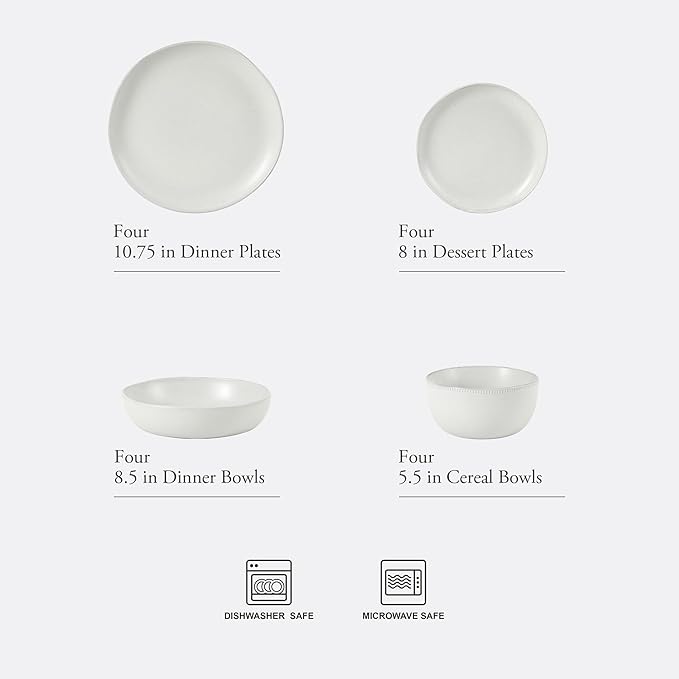 Gibson Elite Menlo Park 16-Piece Pottery Clay Stoneware Dinnerware Set ??White Reactive Glaze, Embossed Plates and Bowls W/Pasta Bowl, Service for 4 ??Microwave & Dishwasher Safe