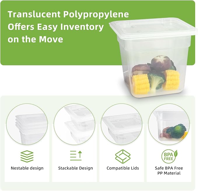 6-Pack Food Pan with Lids, 1/6 Size Food Storage Containers for homes, schools, restaurants, hotels Meal Prep, -40??160?? Stackable, Freezer-Safe (1/6 size 6 inch deep, 2.22L/2.35QT)