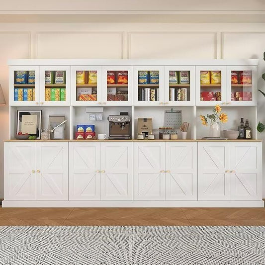 Vyre 71" Farmhouse Kitchen Pantry Cabinet Set of 4, White Freestanding Coffee Bar Hutch with Glass Doors & Adjustable Shelves, Large Storage Cabinet with Microwave Stand for Living Room & Kitchen