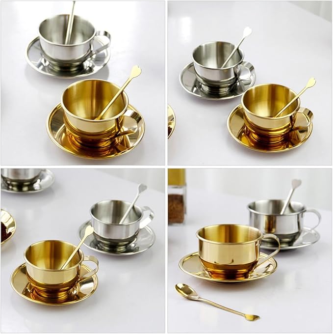 Stainless Steel Coffee Cup and Saucer Set Small Retro Metal Espresso Tea Cup with Spoon Silver Household Tea Set and Coffee Party