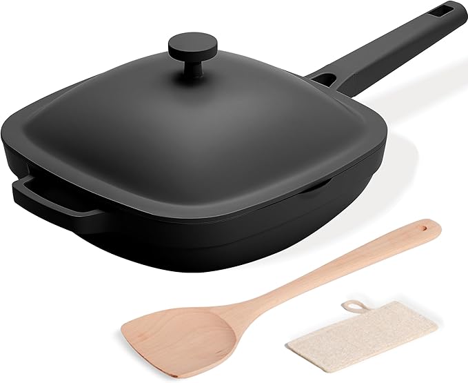 10.5 Inch(3.8QT) Ceramic Pan with Lid,Non Stick Frying Pans Cast Aluminum Deep Saut챕 Pans,Ti-Ceramic Non Toxic Pix Pan with Wooden Spatula and Scrubber-Midnight Hearth