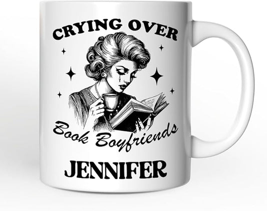 OrnamentallyYou Personalized Valentine Mug (Crying Over Book Boyfriends Personalized Mug, Retro Anti-Valentine Funny Gift With Custom Name)