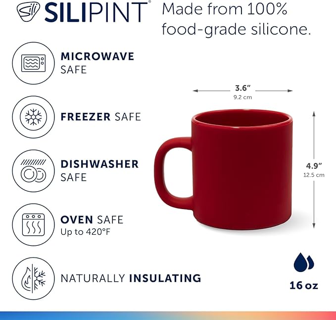 Silipint 16oz Silicone Coffee Mug ??Unbreakable Dishwasher Safe Microwave Oven & Freezer Compatible Travel Mug ??Non-Toxic Reusable Cup for Hot Coffee Tea or Cold Drinks, Classic Red - Pack of 2