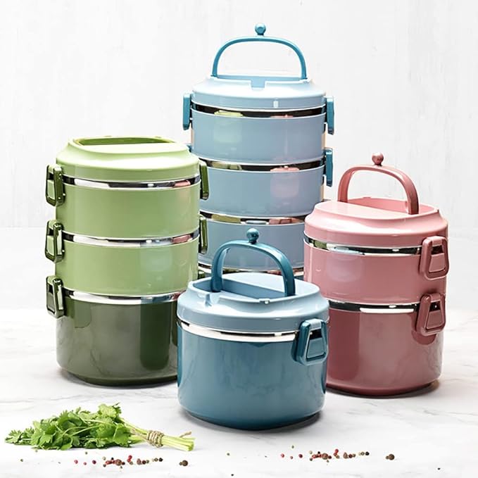 SANQIAHOME 4 Tier Stackable Stainless Steel Lunch Box Sealed(green, 4 layers) with spoon and fork