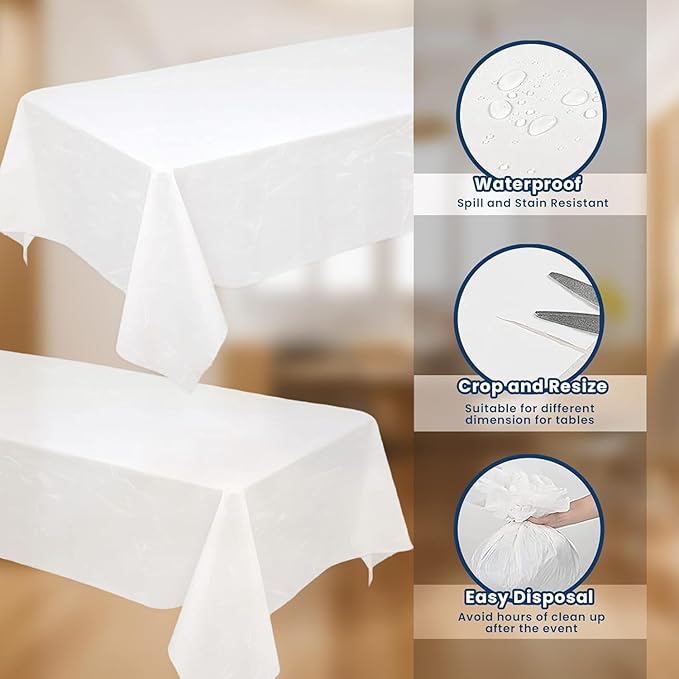 TULLIPAK BULK White Plastic Tablecloths | 100 Pack | 54inx108in | Fits standard folding and picnic tables | Folded, Easy Grab & Go | Rectangle Disposable Waterproof | 100 TABLECLOTHS | MADE IN THE USA