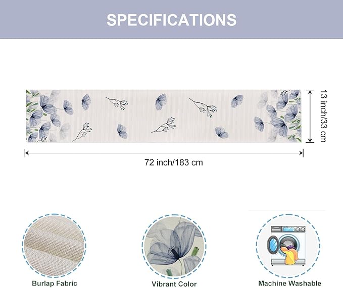 ZCHOMI Poppy Floral Leaves Table Runner 13x72 Inch Seasonal Spring Summer Blue Flower Kitchen Dinning Table Decoration for Home Party Decor
