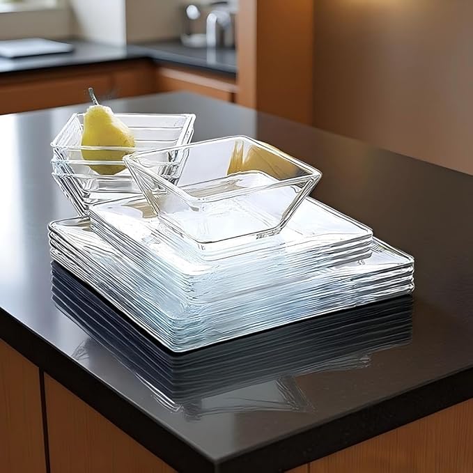 Glass Dinnerware Set - 12-Piece Complete Set (4 Dinner Plates, 4 Salad Plates, 4 Bowls) | Dishwasher Safe, Stackable, Clear Glass for Casual Meals & Table Decoration