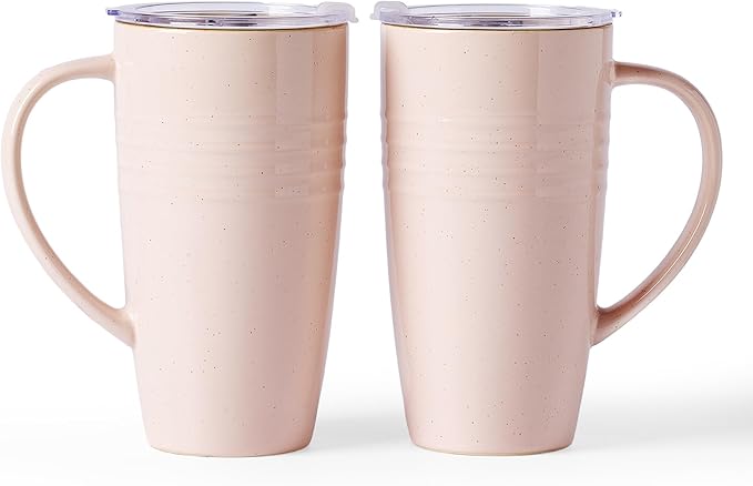 famiware Jupiter Large Coffee Mug, 20oz Coffee Mug with Lid, Ceramic Mugs Set of 2, Cup Set with Handle for Latte, Tea, Cocoa, Milk, Home & Office, Microwave and Dishwasher Safe, Light Pink