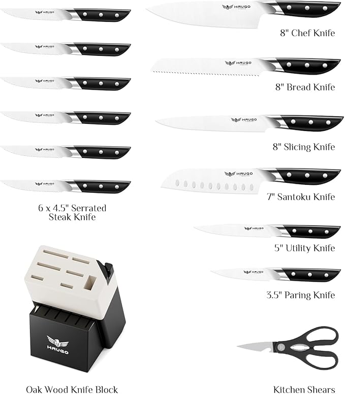 Knife Set - Haugo 14 PCS German Stainless Steel Kitchen Knife Sets with Block and Sharpener - Full Tang Knife Block Set and Ergonomic Handle - Elegant Black- Obsidian Series