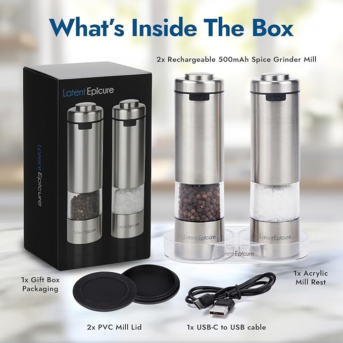 Electric Salt & Pepper Grinder Set ??USB-C Rechargeable Stainless-Steel Mills & Shakers with LED Light, Adjustable Ceramic Grinders & Acrylic Rest Tray
